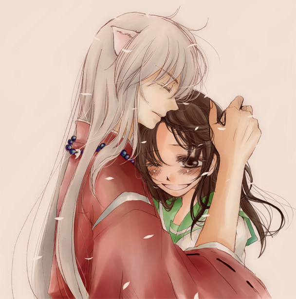 1girl animal_ears blush brown_hair couple hair_grab hand_on_head happy higurashi_kagome hinagiku_(hina-asap) hug inuyasha inuyasha_(character) japanese_clothes jewelry long_hair necklace open_mouth petals profile school_uniform serafuku simple_background smile wink