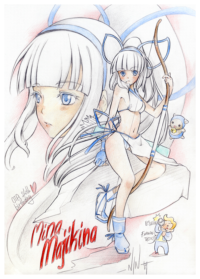 bikini blue_eyes bow camera crossover english fallout loincloth long_hair majikina_mina ninamo ponytail samurai_spirits snk swimsuit thumbs_up traditional_media vault_boy white_hair zoom_layer