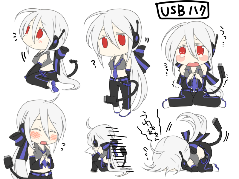 ahoge blush blush_stickers cable chibi gloom_(expression) headphones long_hair minigirl oharu orz ponytail red_eyes simple_background sitting smile solo tail tears translated usb vocaloid voyakiloid white_hair yowane_haku