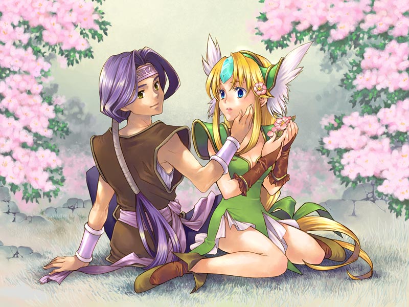 1girl blonde_hair blue_eyes bow bridal_gauntlets couple flower gloves hair_bow hair_flower hair_ornament hawkeye head_wings headwings long_hair riesz saikachi seiken_densetsu seiken_densetsu_3 very_long_hair