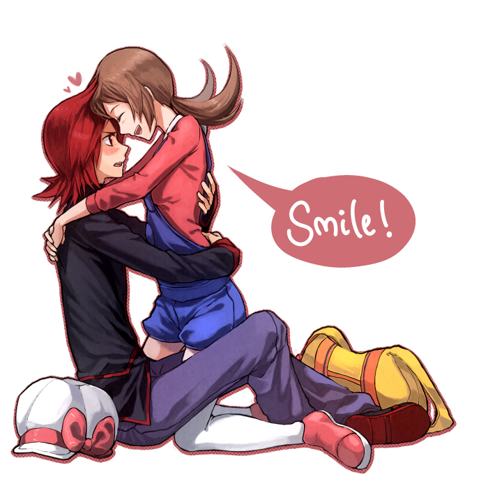 1boy 1girl :d alternate_costume blush brown_hair closed_eyes couple english forehead_to_forehead heart hetero hug kneeling kotone_(pokemon) no_hat no_headwear obo open_mouth overalls pokemon pokemon_(game) pokemon_gsc red_eyes red_hair redhead silver_(pokemon) silver_(pokemon)_(remake) smile thighhighs twintails