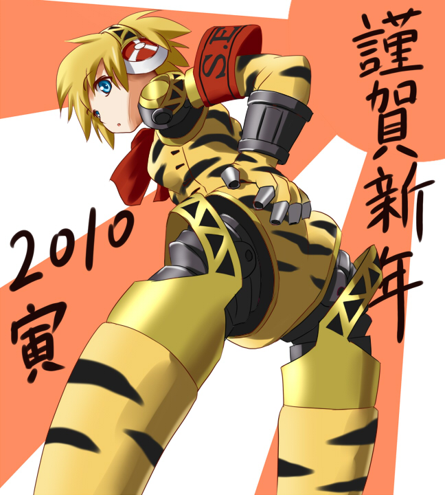 aegis android blonde_hair blue_eyes persona persona_3 ribbon short_hair tiger_print