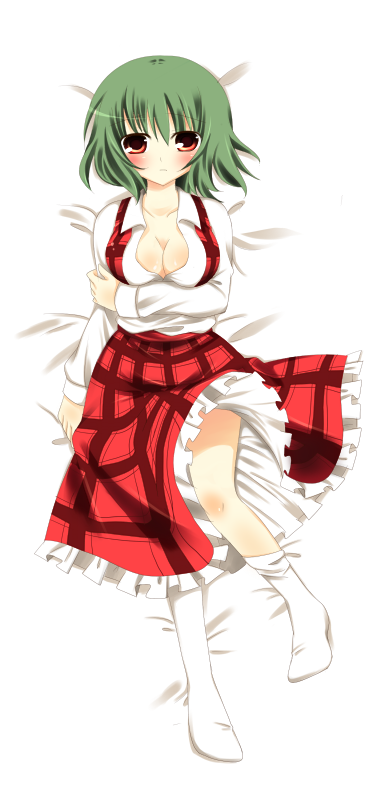 bed blush breast_hold breasts cleavage frown green_hair kazami_yuuka lying on_back open_clothes open_shirt plaid plaid_skirt plaid_vest red_eyes sakura_yuduna short_hair skirt skirt_set socks touhou white_legwear white_socks