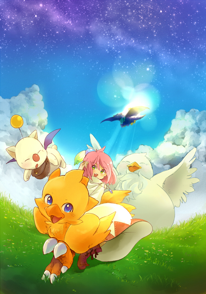 antenna antennae blue_eyes boots character_request chocobo chocobo_racing cloud clouds fat_chocobo final_fantasy final_fantasy_fables grass green_eyes jewelry lens_flare menokurage moogle necklace pink_hair shirma short_hair sky white_mage wings