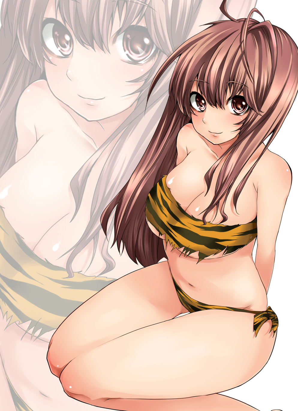 brown_eyes brown_hair highres original shinjigen solo swimsuit tiger_print zoom_layer