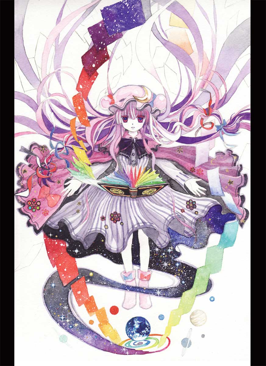 amano_miyabi book colorful floating_hair floating_object flying_paper hat highres long_hair magic outstretched_arms paper patchouli_knowledge pillarboxed planet purple_eyes purple_hair rainbow_order solo spread_arms touhou traditional_media very_long_hair violet_eyes watercolor_(medium)