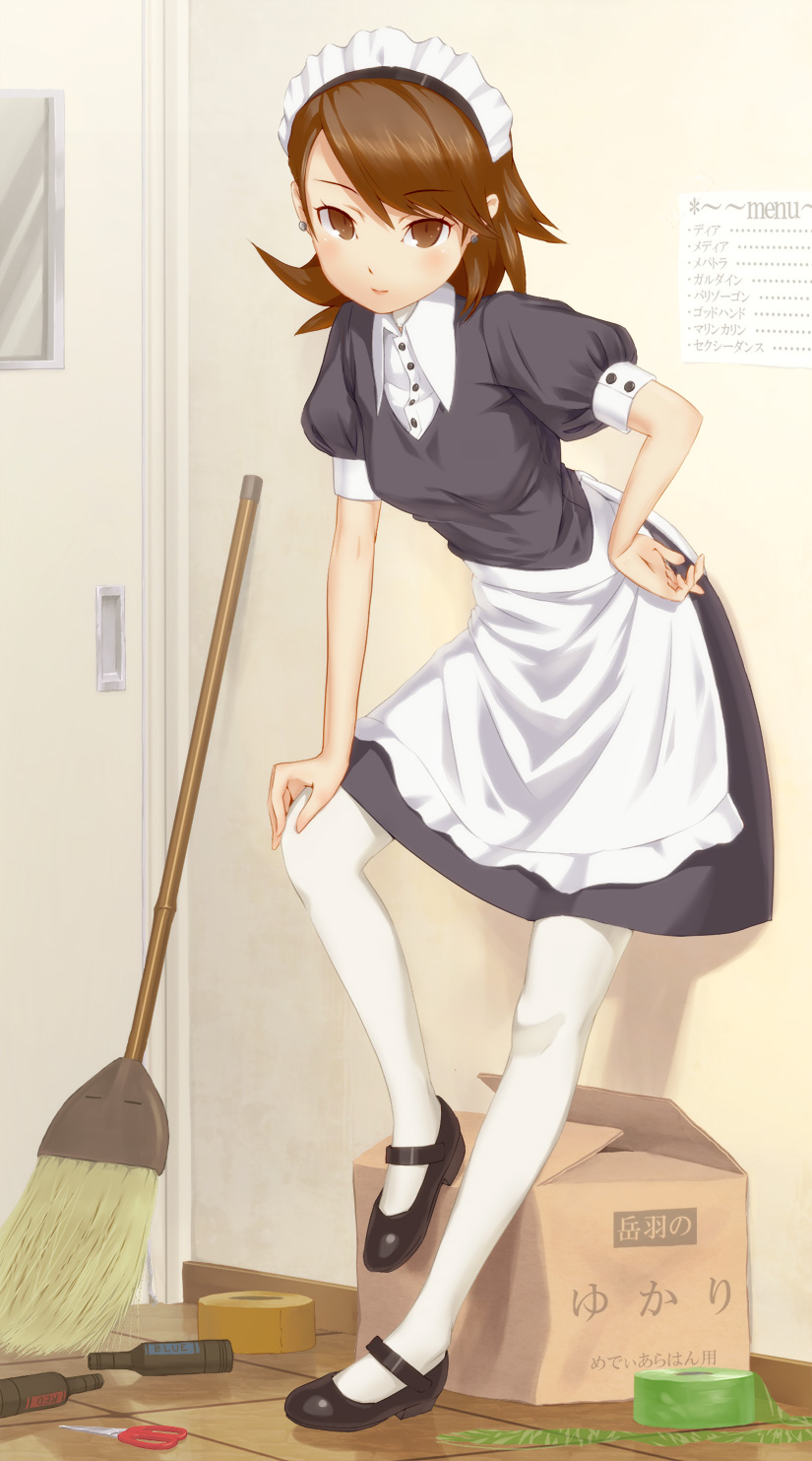 blush broom brown_eyes brown_hair earrings hairband hand_on_hip highres jewelry maid maid_headdress mary_janes pantyhose persona persona_3 shoes short_hair skirt smile solo sturm takeba_yukari thighhighs tights white_legwear white_pantyhose