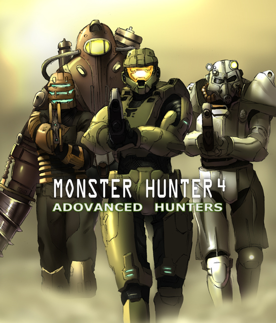 3boys armor assault_rifle big_daddy bioshock bioshock_2 brotherhood_of_steel bullpup call_of_duty call_of_duty_4 crossover dead_space engrish fallout fallout_3 gun halo_(game) isaac_clarke km_(artist) lone_wanderer ma5 master_chief monster_hunter multiple_boys parody plasma_cutter power_armor ranguage rifle subject_delta weapon