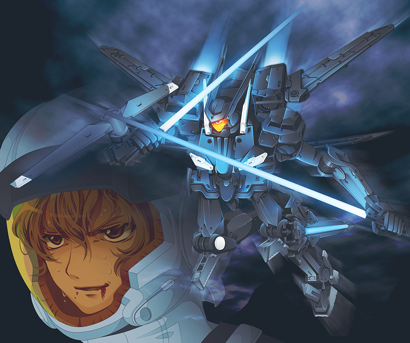 blood dual_wielding energy_sword flag_custom graham_aker gundam gundam_00 helmet male mecha sei_ju solo sweat sword weapon