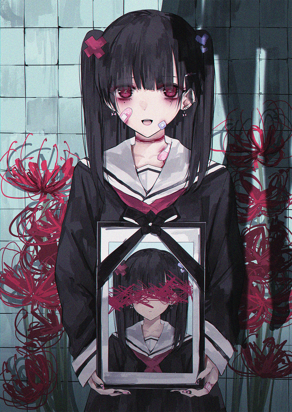 1girl :d bandaid bandaid_on_face bangs black_hair black_nails black_serafuku black_shirt black_skirt blunt_bangs collarbone earrings flower hair_ornament hanging heart heart_hair_ornament highres holding iei injury jewelry kanju long_hair long_sleeves looking_at_viewer mole mole_under_eye nail_art nail_polish neckerchief open_mouth original pink_nails sailor_collar school_uniform serafuku shadow shirt skirt smile solo spider_lily suicide tile_wall tiles twintails upper_body upper_teeth