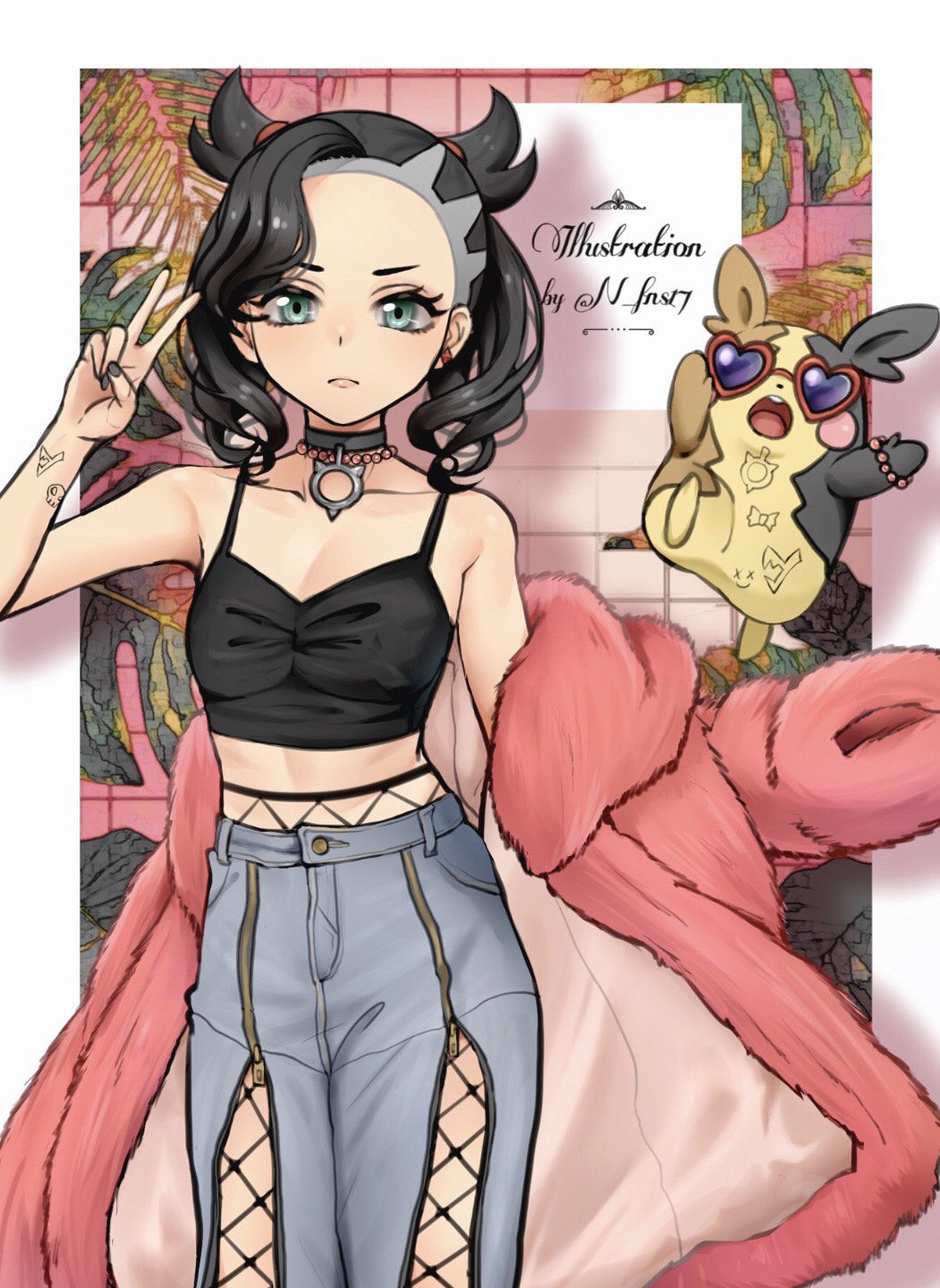 1girl alternate_costume arm_tattoo beads black_choker black_hair border breasts buttons choker closed_mouth coat collarbone commentary_request earrings echizen_(n_fns17) eyelashes fishnet_legwear fishnets fur_coat gen_8_pokemon green_eyes grey_pants hand_up highres jewelry looking_at_viewer marnie_(pokemon) morpeko morpeko_(full) open_clothes open_coat outside_border pants pink_coat pokemon pokemon_(creature) pokemon_(game) pokemon_swsh tattoo v white_border
