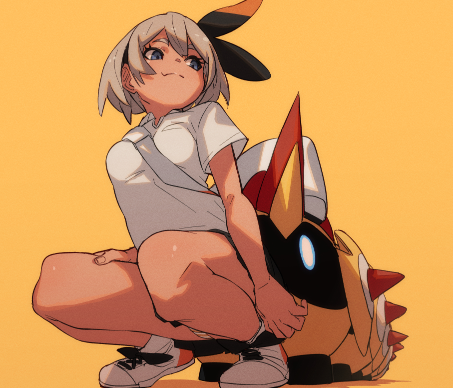 1girl bangs bea_(pokemon) between_breasts black_hairband blonde_hair bow_hairband breasts closed_mouth collared_shirt commentary_request eyelashes falinks from_below fu-ta gen_8_pokemon grey_eyes hairband looking_back panties pantyshot pokemon pokemon_(creature) pokemon_(game) pokemon_swsh school_uniform shirt shoes short_hair short_sleeves skirt smile squatting strap_between_breasts striped striped_panties underwear white_bag white_footwear white_shirt yellow_background