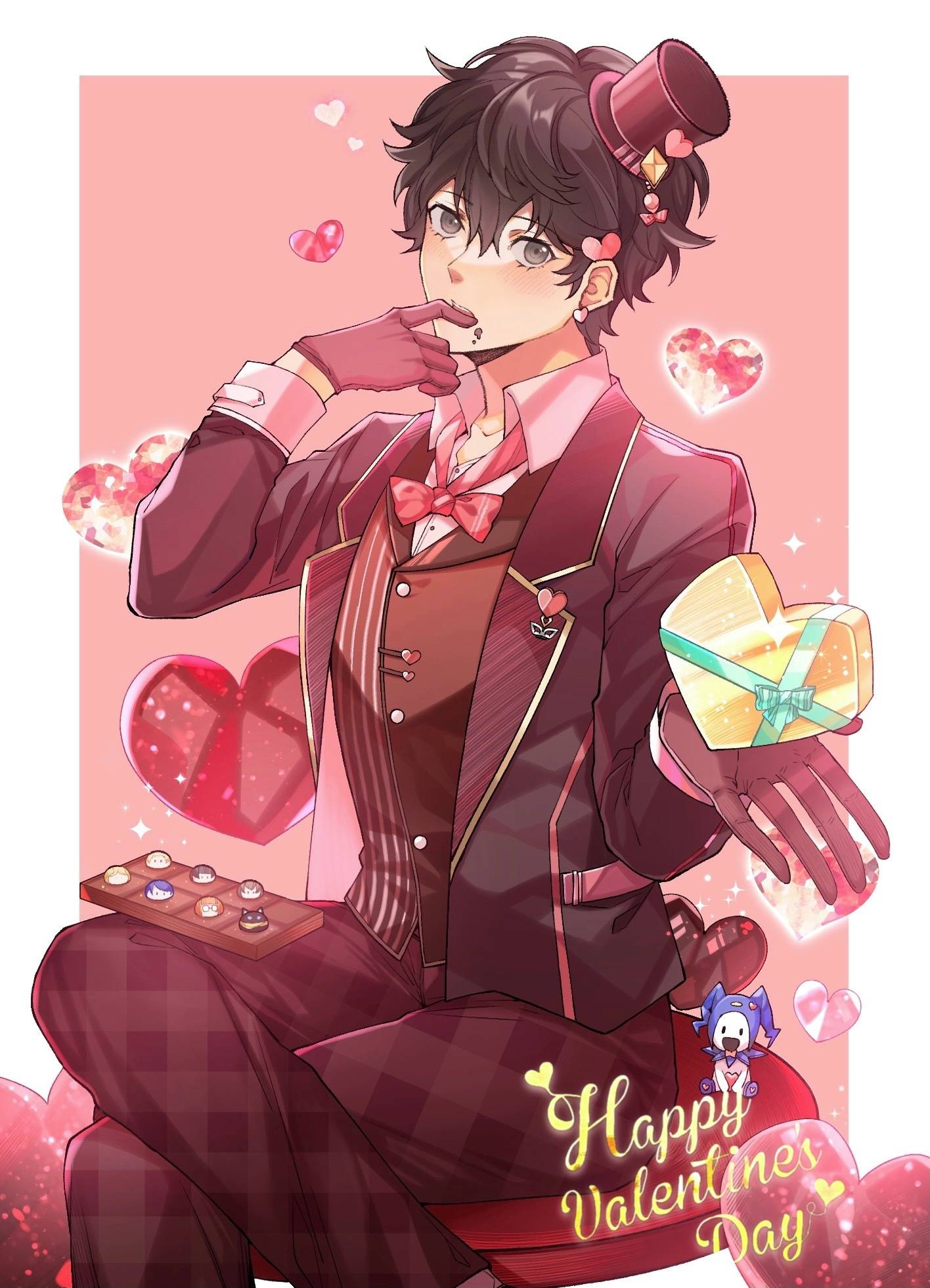 amamiya_ren bangs black_hair black_jacket black_pants border box brown_eyes brown_headwear collarbone collared_shirt crossed_legs dress_shirt earrings eyebrows_visible_through_hair finger_to_mouth gift gift_box gloves hair_between_eyes hair_ornament happy_valentine haruka_(5885352) hat heart heart-shaped_box heart_earrings heart_hair_ornament highres jack_frost jacket jewelry long_sleeves looking_at_viewer male_focus mini_hat open_clothes open_jacket outside_border pants persona persona_5 pink_background pink_gloves pink_neckwear plaid plaid_pants shiny shiny_hair shirt short_hair solo white_border white_shirt wing_collar