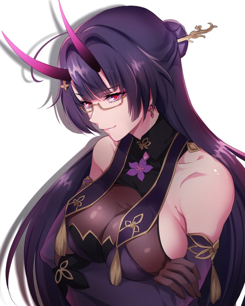 1girl bare_shoulders breasts closed_mouth collarbone crossed_arms glasses hair_bun hair_ornament hair_stick honkai_(series) honkai_impact_3rd horns large_breasts long_hair looking_at_viewer negom oni_horns pink_eyes purple_hair raiden_mei raiden_mei_(herrscher_of_thunder) semi-rimless_eyewear simple_background smile solo under-rim_eyewear upper_body white_background