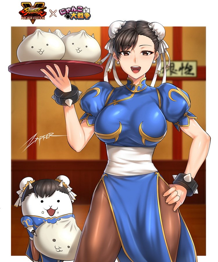 1girl :d baozi blue_dress bracelet breasts brown_eyes brown_hair brown_legwear bun_cover cat_(nyanko_daisensou) china_dress chinese_clothes chun-li chun-li_(cosplay) cosplay crossover double_bun dress earrings eating food jewelry large_breasts looking_at_viewer nyanko_daisensou open_mouth pantyhose pelvic_curtain puffy_short_sleeves puffy_sleeves short_sleeves side_slit smile spiked_bracelet spikes street_fighter zxpfer