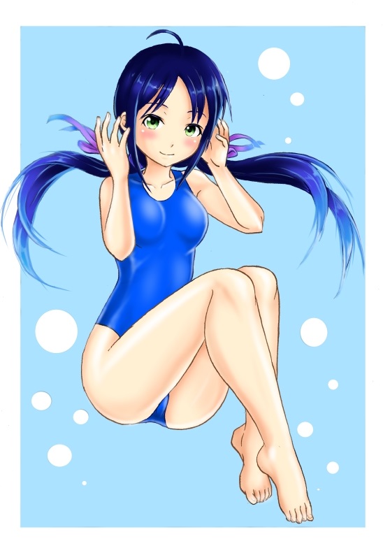 1girl bare_legs blue_background blue_hair blue_swimsuit blush breasts bubble_background collarbone eyebrows forehead full_body green_eyes kantai_collection kudou_(ooabareteng) long_hair looking_at_viewer low_twintails one-piece_swimsuit ribbon small_breasts solo suzukaze_(kancolle) swimsuit twintails