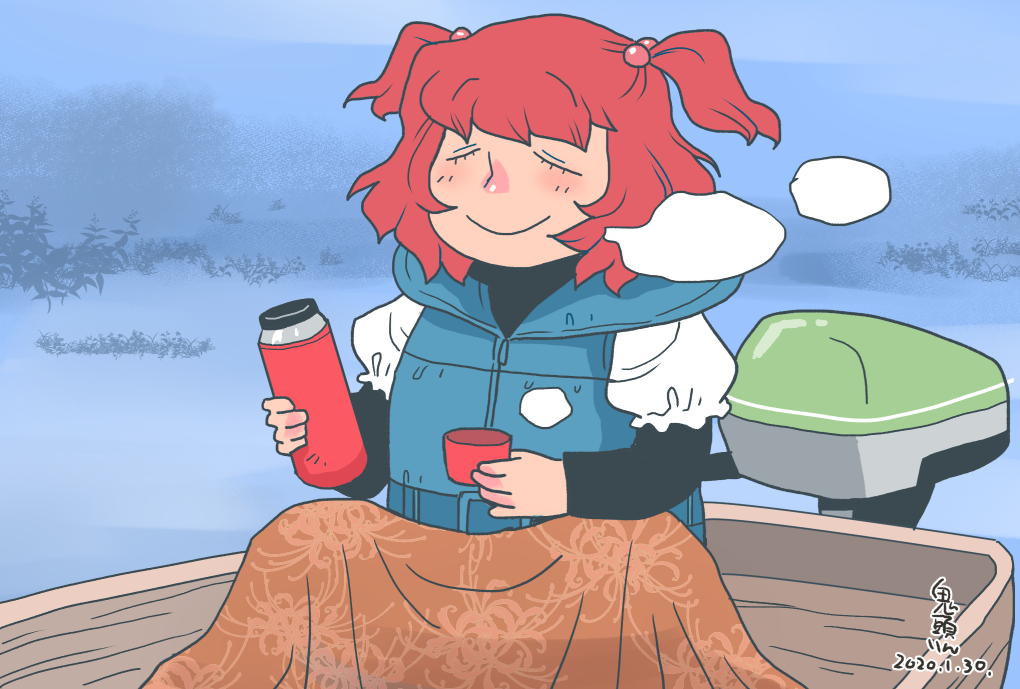 1girl adapted_costume artist_name blanket blue_background boat breath closed_eyes contemporary dated floral_print hair_bobbles hair_ornament holding holding_thermos life_vest onikobe_rin onozuka_komachi redhead shirt short_hair sitting smile solo thermos touhou two_side_up watercraft white_shirt