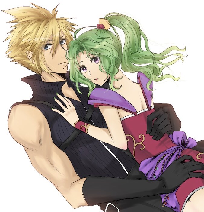 1boy 1girl blonde_hair blue_eyes bracelet cloud_strife crossover dissidia_final_fantasy dress ff_iraira final_fantasy final_fantasy_vi final_fantasy_vii gloves green_hair hand_on_another's_ass hand_on_another's_back hand_on_another's_chest hug jewelry looking_at_viewer pantyhose ponytail short_dress sleeveless_sweater spiky_hair square_enix tina_branford violet_eyes
