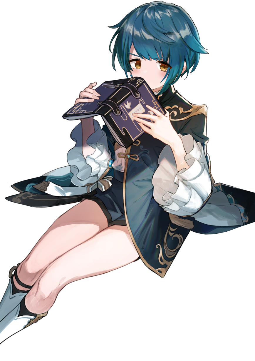 1boy bangs black_jacket black_legwear black_shorts blue_hair blush book boots brown_eyes commentary_request covered_mouth eyebrows_visible_through_hair feet_out_of_frame genshin_impact hands_up hayama_eishi highres holding holding_book jacket knee_boots kneehighs long_sleeves looking_at_viewer male_focus open_book open_clothes open_jacket shirt short_shorts shorts simple_background sitting solo v-shaped_eyebrows white_background white_footwear white_shirt wide_sleeves xingqiu_(genshin_impact)