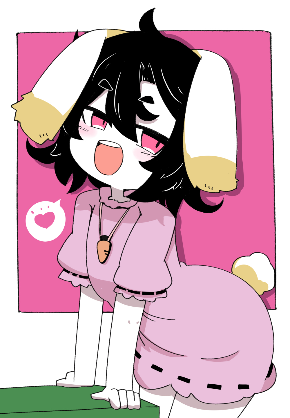animal_ears arched_back black_hair bunny_tail carrot_necklace colored_skin dress floppy_ears heart highres inaba_tewi leaning_forward medium_hair ooyama_bokuchi open_mouth pink_dress pink_eyes rabbit_ears short_sleeves tail teeth touhou white_skin