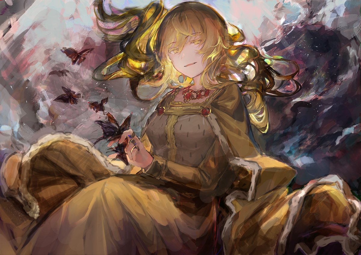 1girl bangs blonde_hair breasts bug butterfly butterfly_on_finger cape colored_eyelashes dress eyebrows_visible_through_hair flowing_dress ike_seika insect isabeau_de_baviere jewelry jitome large_breasts light_particles light_smile long_hair long_sleeves magia_record:_mahou_shoujo_madoka_magica_gaiden mahou_shoujo_madoka_magica mahou_shoujo_tart_magica mature_female necklace open_mouth parted_lips queen ring robe royal_robe solo teeth yellow_eyes