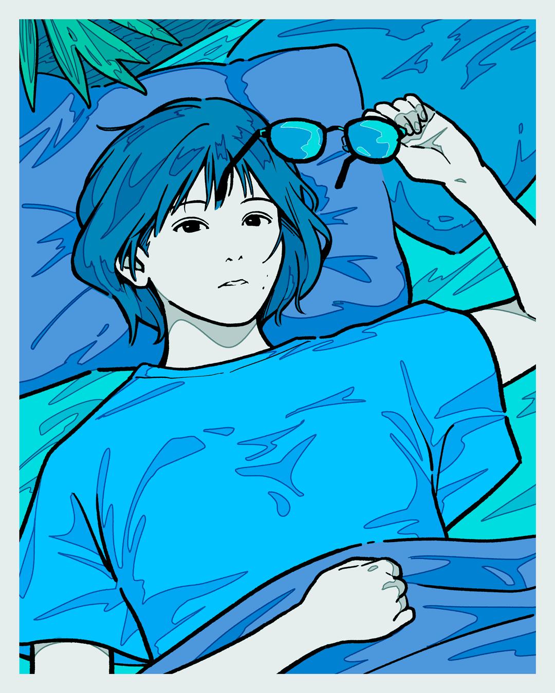 1girl aqua_hair aqua_theme arm_up bangs bed_sheet black_eyes blue_shirt eyewear_removed glasses highres holding holding_eyewear leaf looking_at_viewer original parted_lips pillow plant shirt short_hair short_sleeves solo yoshi_mi_yoshi