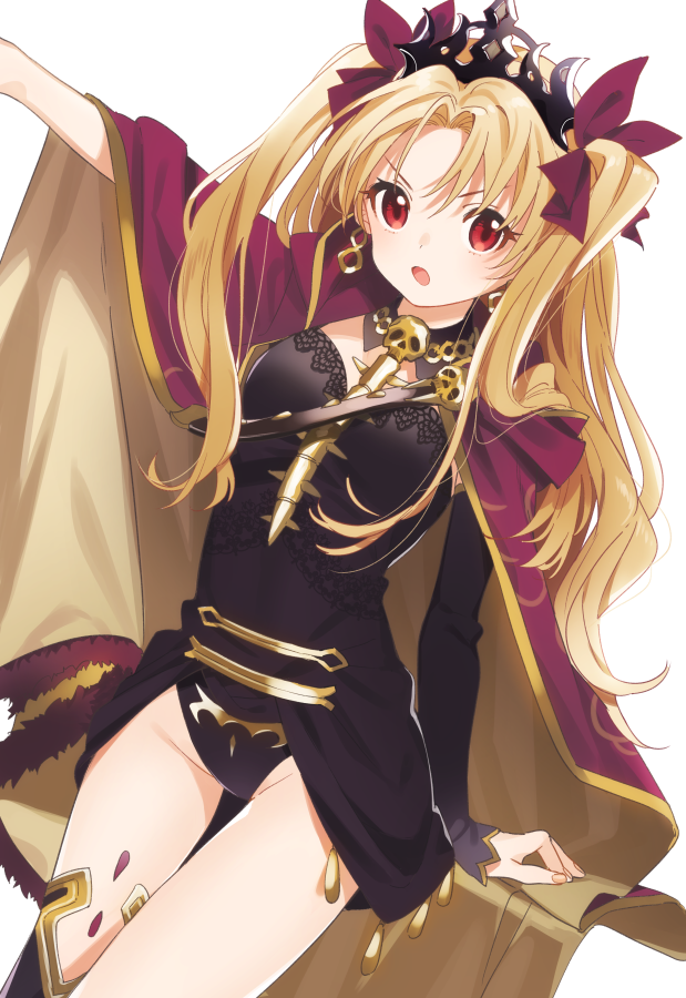 1girl arm_up bangs black_gloves black_headwear black_legwear black_leotard blonde_hair booota cape cowboy_shot dutch_angle earrings ereshkigal_(fate) fate/grand_order fate_(series) gloves hair_ribbon half_gloves jewelry leotard long_hair looking_at_viewer parted_bangs red_cape red_eyes red_ribbon ribbon simple_background single_glove single_thighhigh solo spine standing thigh-highs tiara two-sided_cape two-sided_fabric two_side_up white_background yellow_cape