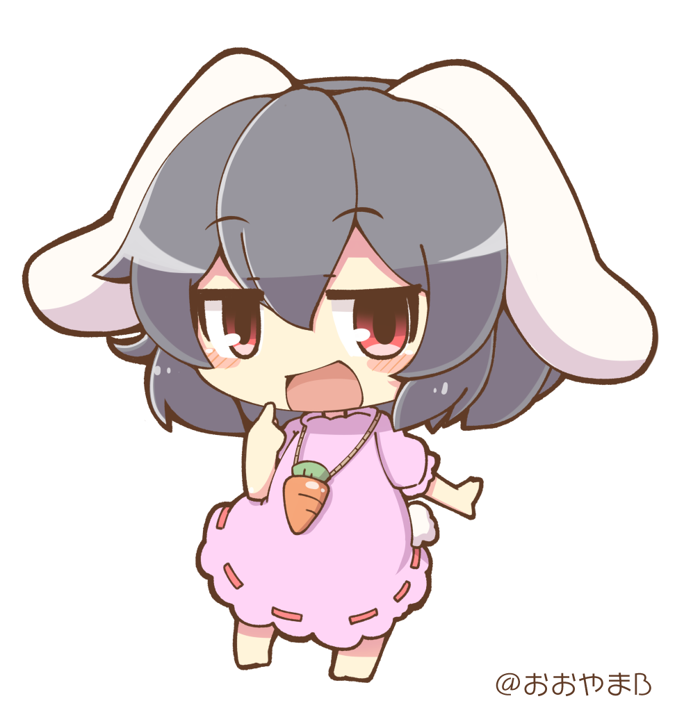 animal_ears barefoot black_hair blush_stickers bunny_tail carrot_necklace chibi dress floppy_ears inaba_tewi medium_hair ooyama_bokuchi open_mouth pink_dress rabbit_ears red_eyes simple_background tail touhou white_background