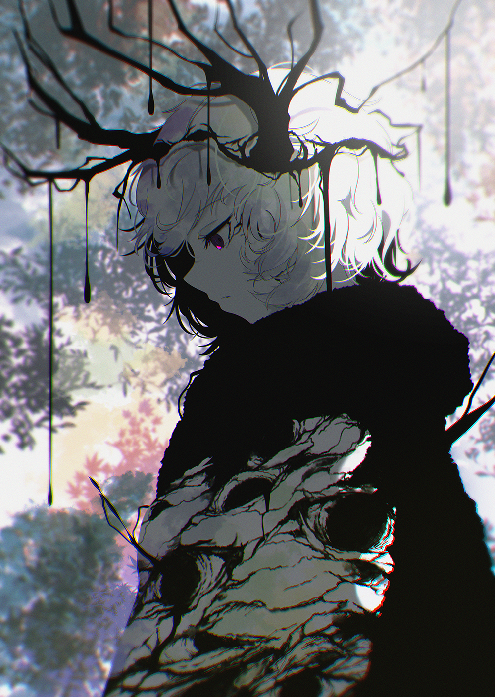 1girl antlers berryverrine chromatic_aberration dripping grey_hair highres horns leaf original plant profile shadow short_hair solo upper_body violet_eyes