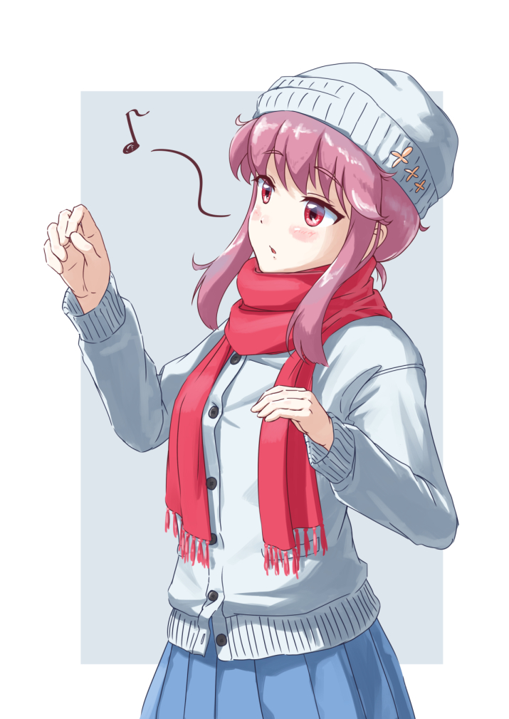 1girl akatsuki_no_akatsuki alternate_costume bangs beanie blue_background blue_theme blush blush_stickers border box cardigan conductor eighth_note eyebrows_visible_through_hair grey_cardigan grey_headwear hair_between_eyes hat jakuzure_nonon kill_la_kill long_sleeves musical_note open_mouth outside_border pink_eyes pink_hair pleated_skirt red_neckwear red_scarf scarf short_hair sidelocks skirt solo tsurime white_border winter_clothes