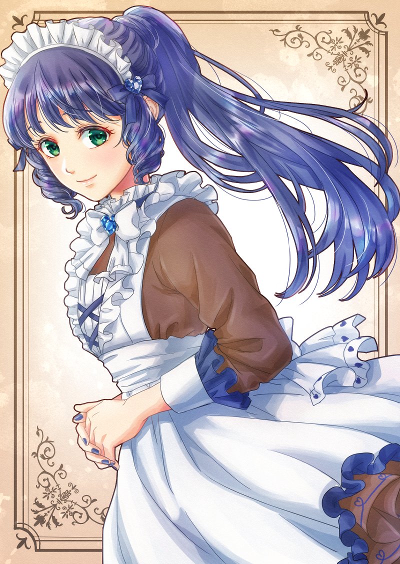 1girl akira_ituki alternate_costume apron bangs blue_hair blue_nails brown_shirt card_(medium) closed_mouth enmaided floating_hair green_eyes long_hair long_sleeves looking_at_viewer lynn_minmay macross macross:_do_you_remember_love? maid maid_headdress nail_polish ponytail shiny shiny_hair shirt smile solo standing very_long_hair white_apron