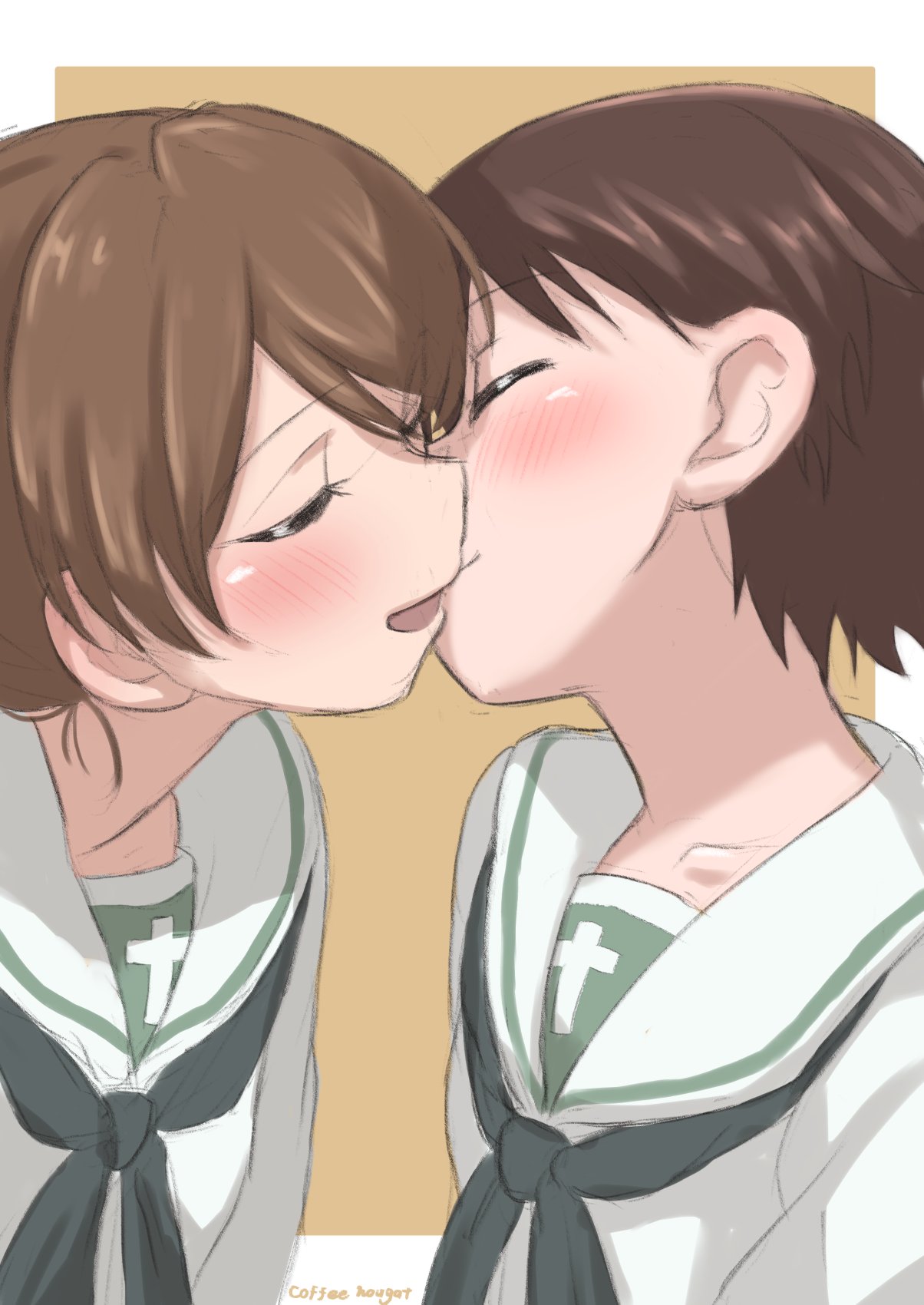 2girls artist_name black_neckwear blush brown_background brown_hair closed_eyes coffeenougat_1985 eyebrows_visible_through_hair girls_und_panzer highres imminent_kiss isobe_noriko kawanishi_shinobu multiple_girls ooarai_school_uniform sailor_collar school_uniform short_hair sketch two-tone_background upper_body white_background white_sailor_collar yuri