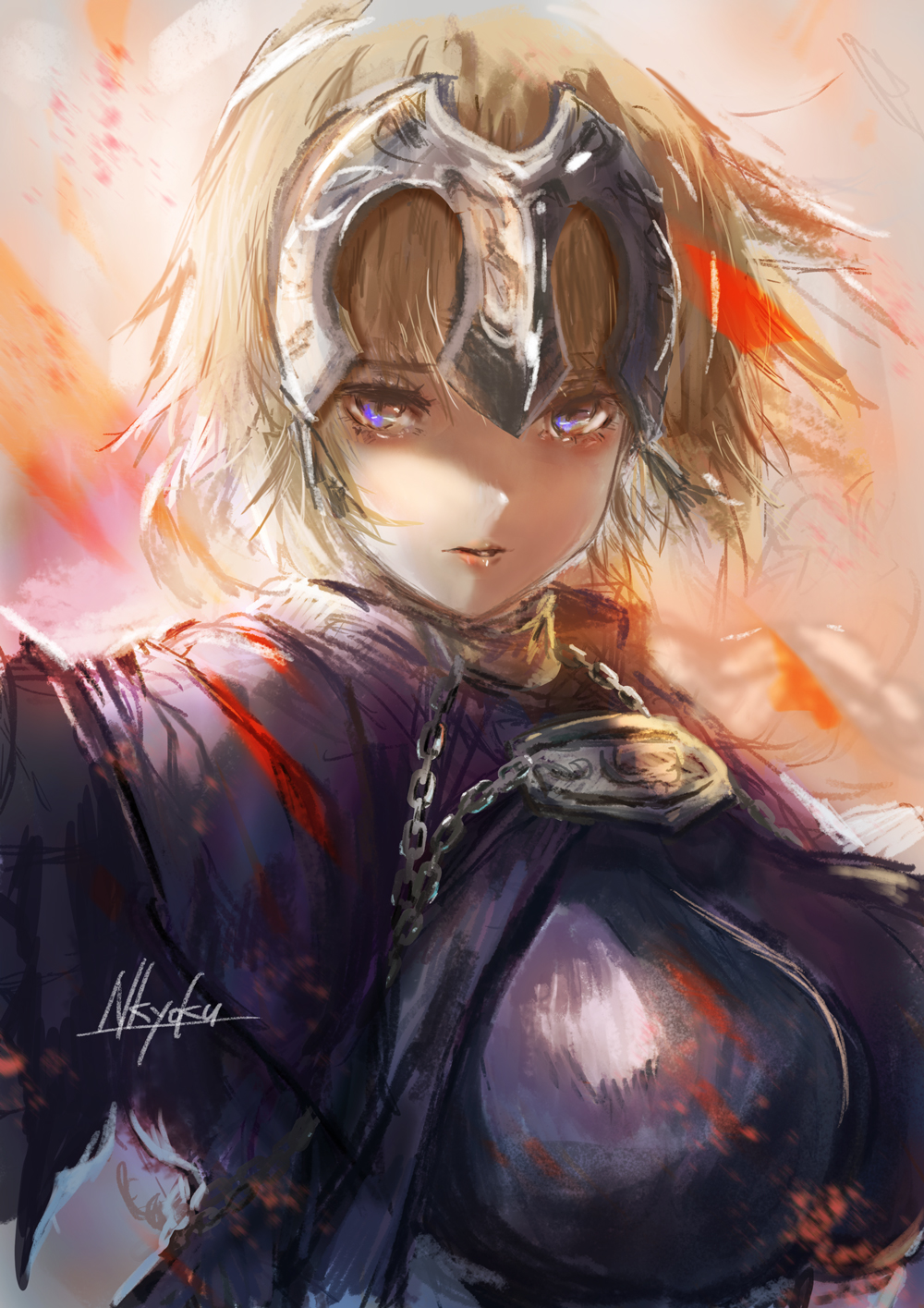 1girl artist_name bangs blonde_hair breasts capelet chain fate/apocrypha fate/grand_order fate_(series) headpiece highres jeanne_d'arc_(fate) jeanne_d'arc_(fate)_(all) large_breasts lips nkyoku parted_lips pink_lips purple_capelet short_hair solo upper_body violet_eyes