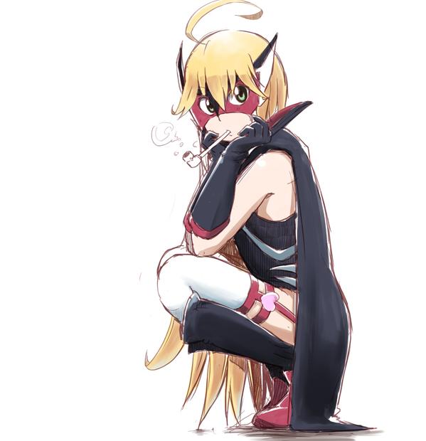 1girl ahoge blonde_hair boots bubble_blowing cape domino_mask doronjo elbow_gloves from_side full_body gloves green_eyes head_rest kaauchi knee_boots leopard_(yatterman) mask solo squatting thigh-highs time_bokan_(series) yatterman yoru_no_yatterman