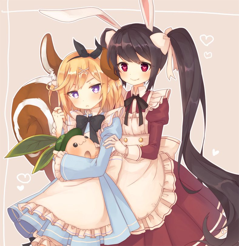 2girls :3 alice_(wonderland) alice_(wonderland)_(cosplay) animal animal_ears apron arpiel black_headband black_neckwear blonde_hair blue_dress blush bow bowtie brown_hair chikipote commentary_request cosplay dress eyebrows_behind_hair gloves hair_ornament hair_ribbon headband heart heart_in_eye irene_(arpiel) juliet_sleeves leaf long_hair long_sleeves looking_at_viewer maid maid_apron multiple_girls neck_ribbon playing_with_hair puffy_sleeves rabbit_ears red_dress red_eyes ribbon ruu_(arpiel) short_hair simple_background smile squirrel_ears squirrel_tail star_(symbol) star_in_eye symbol_in_eye tail twintails very_long_hair violet_eyes white_apron white_gloves white_ribbon x_hair_ornament