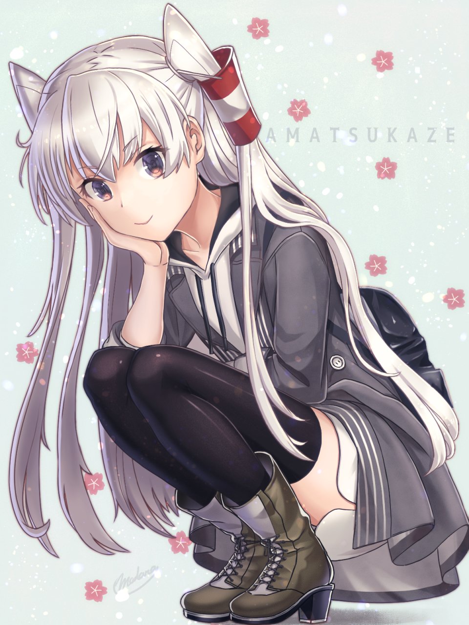 1girl alternate_costume amatsukaze_(kancolle) backpack backpack_removed bag bangs boots brown_eyes character_name eyebrows_visible_through_hair flower full_body hair_tubes head_rest highres hood hood_down hooded_jacket jacket kantai_collection long_hair looking_at_viewer medara smile solo squatting thigh-highs two_side_up white_hair