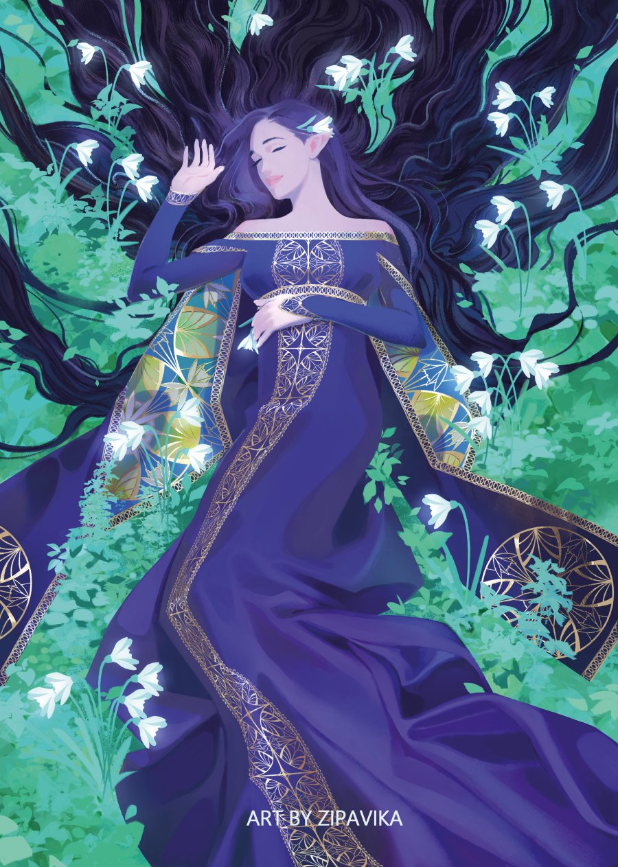 1girl artist_name black_hair closed_eyes closed_mouth commentary dress elf english_commentary facing_viewer gradient_hair hair_ornament hair_spread_out hand_on_own_chest highres legendarium long_hair long_sleeves luthien lying multicolored_hair off-shoulder_dress off_shoulder on_back pointy_ears purple_dress purple_hair sleeping smile solo the_silmarillion very_long_hair zipavika