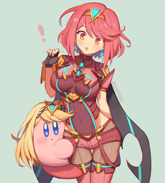 1girl bangs black_gloves blonde_hair breasts chest_jewel copy_ability cosplay earrings fingerless_gloves gloves headpiece jewelry kirby kirby_(series) long_hair looking_at_viewer mythra_(xenoblade)_(cosplay) pyra_(xenoblade) red_eyes red_legwear red_shorts redhead short_hair short_shorts shorts simple_background super_smash_bros. swept_bangs thigh-highs tiara wusagi2 xenoblade_chronicles_(series) xenoblade_chronicles_2
