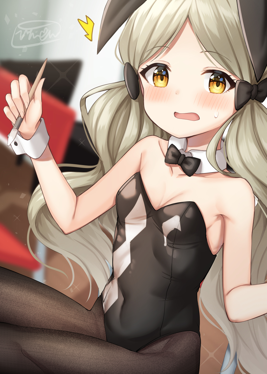 1girl ^^^ animal_ears argyle bangs bare_shoulders binsen black_bow black_legwear black_leotard black_neckwear blurry blurry_background blush bow bowtie breasts brown_hair collar depth_of_field detached_collar eyebrows_visible_through_hair hair_bow handa_roko highres holding holding_paintbrush idolmaster idolmaster_million_live! leotard long_hair looking_at_viewer open_mouth paintbrush pantyhose parted_bangs rabbit_ears small_breasts solo sparkle strapless strapless_leotard sweat twintails very_long_hair white_collar wing_collar wrist_cuffs yellow_eyes