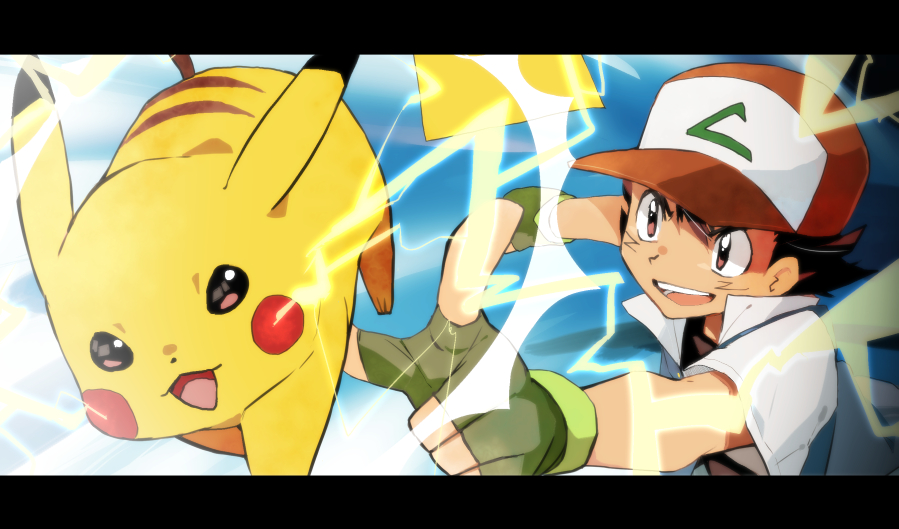 1boy ash_ketchum baseball_cap black_hair brown_eyes brown_shirt chinkichi commentary_request electricity fingerless_gloves gen_1_pokemon gloves green_gloves hat jacket letterboxed male_focus open_mouth pikachu pokemon pokemon_(anime) pokemon_(classic_anime) pokemon_(creature) red_headwear shirt short_hair short_sleeves smile teeth tongue