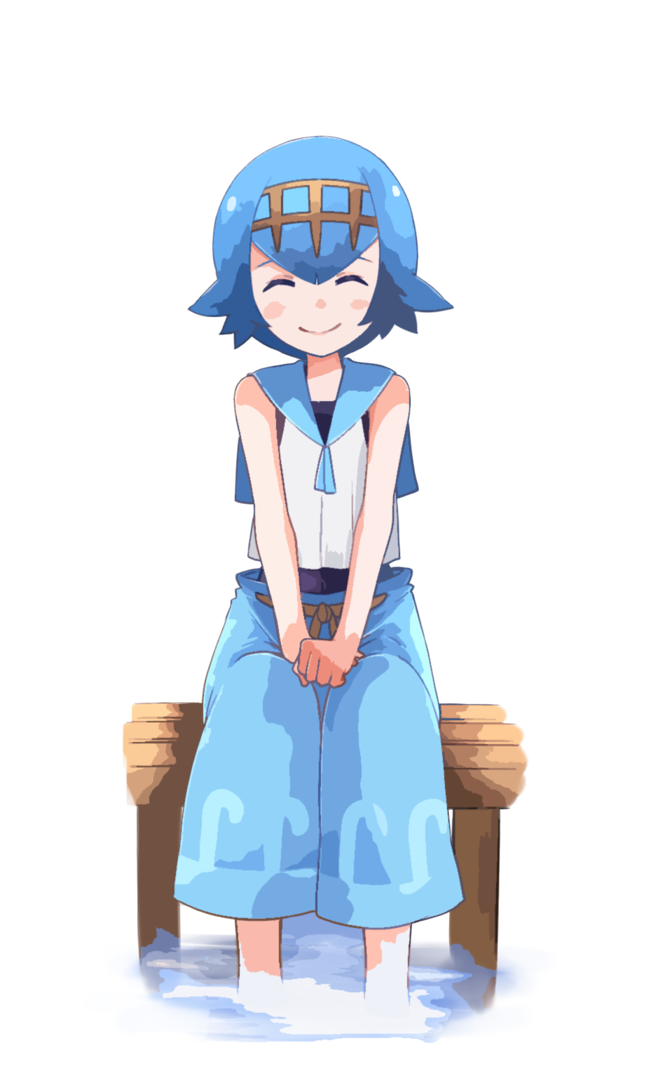 1girl bangs bare_arms blue_hair blue_pants blush_stickers closed_eyes closed_mouth commentary_request hairband hands_on_lap hands_together highres lana_(pokemon) meneru one-piece_swimsuit pants pokemon pokemon_(game) pokemon_sm raised_eyebrows sailor_collar shirt short_hair sitting sleeveless sleeveless_shirt smile soaking_feet solo swimsuit swimsuit_under_clothes trial_captain water white_shirt