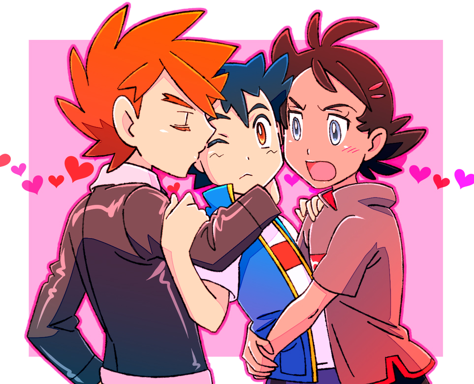 3boys amada ash_ketchum black_hair blue_eyes blush brown_eyes brown_hair cosplay dark_skin gary_oak gary_unwin gary_unwin_(cosplay) goh_(pokemon) hug jacket love_triangle multiple_boys open_mouth pokemon shirt short_hair smile t-shirt wing_collar yaoi