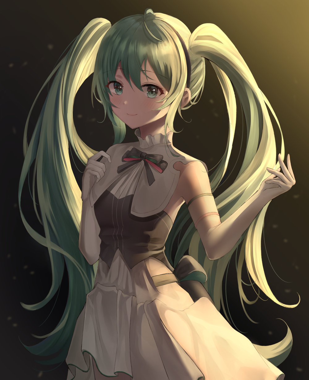 1girl ahoge bangs black_hairband black_ribbon bustier closed_mouth dress elbow_gloves eyebrows_visible_through_hair floating_hair gloves green_eyes green_hair hair_between_eyes hairband hatsune_miku highres leepy long_hair looking_at_viewer miku_symphony_(vocaloid) neck_ribbon ribbon shiny shiny_hair sleeveless sleeveless_dress smile solo standing twintails very_long_hair vocaloid white_dress white_gloves