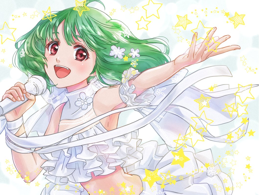 1girl :d akira_ituki arm_strap armpits bangs crop_top floating_hair green_hair holding holding_microphone long_hair looking_at_viewer macross macross_frontier microphone midriff music open_mouth ranka_lee red_eyes ribbon singing smile solo stomach upper_body white_ribbon wrist_ribbon