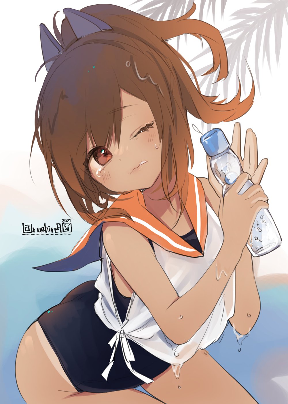 1girl ass black_swimsuit bottle brown_eyes brown_hair commentary_request cowboy_shot hair_ornament hairclip highres i-401_(kancolle) kantai_collection one-hour_drawing_challenge one-piece_swimsuit one_eye_closed orange_sailor_collar ponytail ramune ruohire9 sailor_collar school_swimsuit shirt short_hair short_ponytail side-tie_shirt sleeveless sleeveless_shirt solo swimsuit swimsuit_under_clothes tan tanline tongue tongue_out