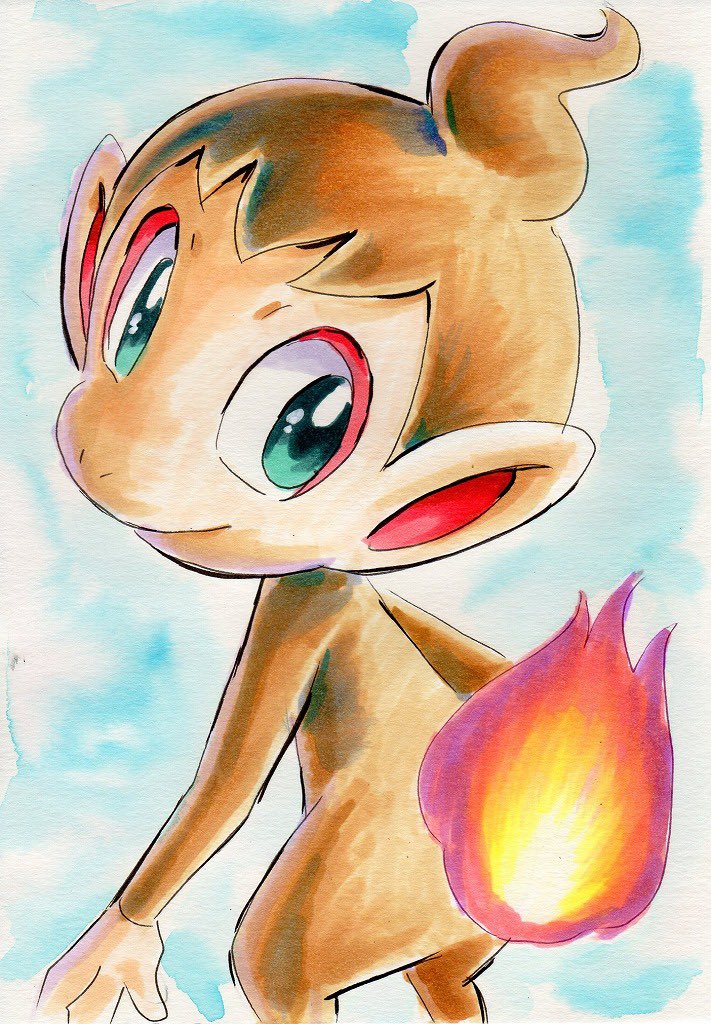 chimchar closed_mouth commentary_request creature fire gen_4_pokemon green_eyes iwane_masaaki looking_at_viewer looking_back no_humans pokemon pokemon_(creature) sketch smile solo starter_pokemon