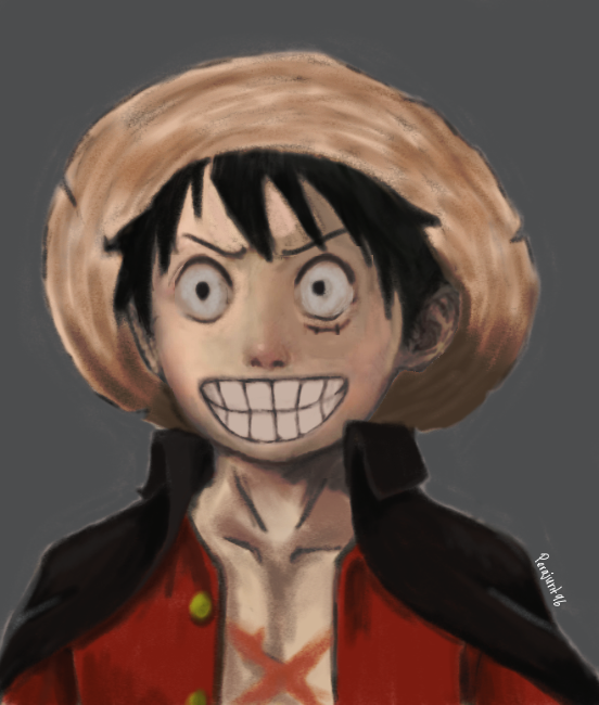 1boy black_hair dress face hat looking_at_viewer monkey_d._luffy one_piece open_mouth perajurit96 photoshop_(medium) pirate pirate_hat red_dress short_hair simple_background smile solo straw_hat