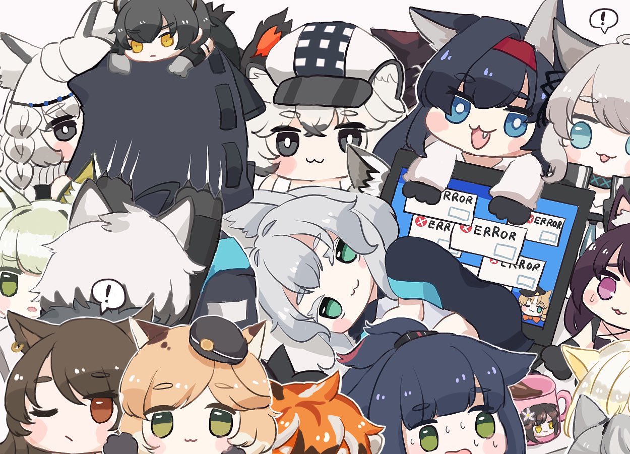 ! 1other 2boys 6+girls :3 :d aak_(arknights) ambiguous_gender animal_ear_fluff animal_ears arknights bangs black_cape black_footwear black_gloves black_hair black_headwear black_jacket black_shirt blaze_(arknights) blonde_hair blue_eyes boots braid broca_(arknights) brown_background brown_hair cabbie_hat cameo cape cat_ears chibi cliffheart_(arknights) closed_mouth colored_eyelashes commentary computer cup doctor_(arknights) error_message eyebrows_visible_through_hair fang flower folinic_(arknights) fur-trimmed_cape fur_trim gloves green_eyes green_hair grey_eyes grey_gloves grey_hair hair_flower hair_ornament hairband hat haze_(arknights) hood hood_up hooded_jacket indra_(arknights) jacket jessica_(arknights) kal'tsit_(arknights) laptop leopard_ears long_hair lying melantha_(arknights) minigirl mint_(arknights) mousse_(arknights) mug multicolored_hair multiple_boys multiple_girls nightmare_(arknights) on_side one_eye_closed open_clothes open_jacket open_mouth orange_hair parted_lips paw_gloves paws phantom_(arknights) ponytail pramanix_(arknights) purple_hair red_hairband redhead rosmontis_(arknights) schwarz_(arknights) shirt shoe_soles silverash_(arknights) simple_background skyfire_(arknights) smile someyaya spoken_exclamation_mark streaked_hair sweat swire_(arknights) thick_eyebrows too_many very_long_hair violet_eyes waai_fu_(arknights) white_hair white_headwear white_jacket white_shirt witch_hat yellow_eyes