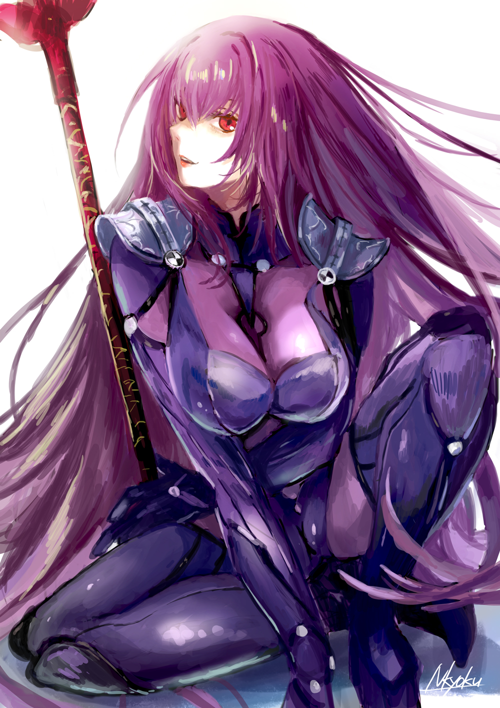 1girl armor artist_name bangs bodysuit breasts fate/grand_order fate_(series) gae_bolg_(fate) hair_between_eyes highres large_breasts lips long_hair nkyoku open_mouth pink_lips polearm purple_bodysuit red_eyes scathach_(fate) scathach_(fate)_(all) shoulder_armor simple_background smile solo spear teeth very_long_hair weapon white_background