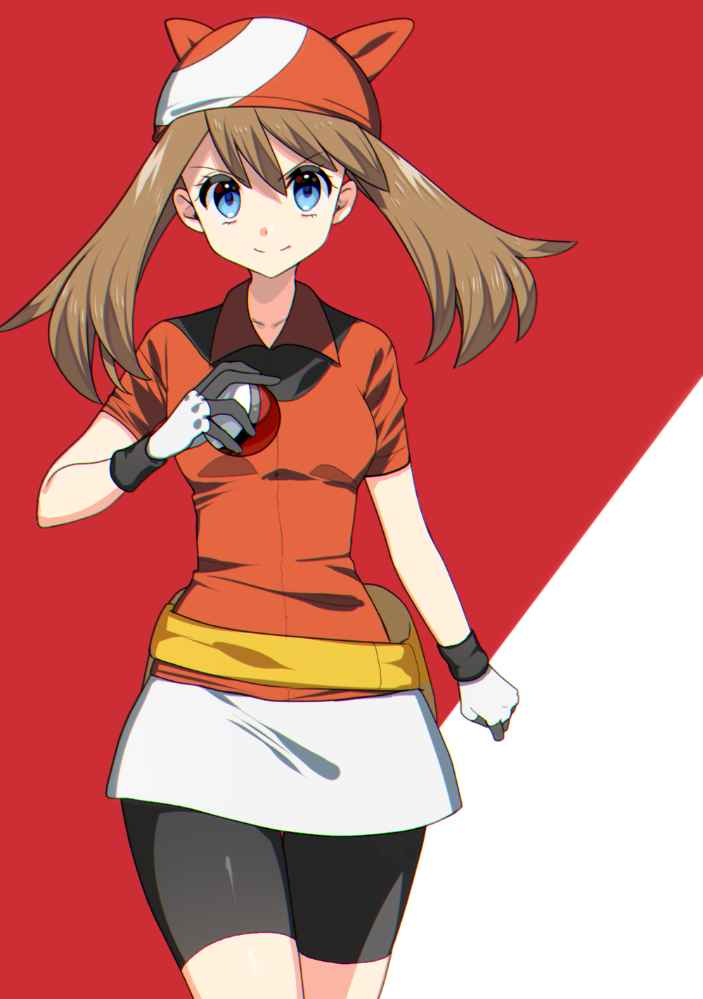 1girl bangs bike_shorts blue_eyes brown_hair closed_mouth collared_shirt commentary_request eyelashes fanny_pack gloves hand_up highres holding holding_poke_ball long_hair looking_at_viewer may_(pokemon) poke_ball poke_ball_(basic) pokemon pokemon_(game) pokemon_rse red_bandana shirt short_sleeves skirt smile solo white_skirt yellow_bag yuihico